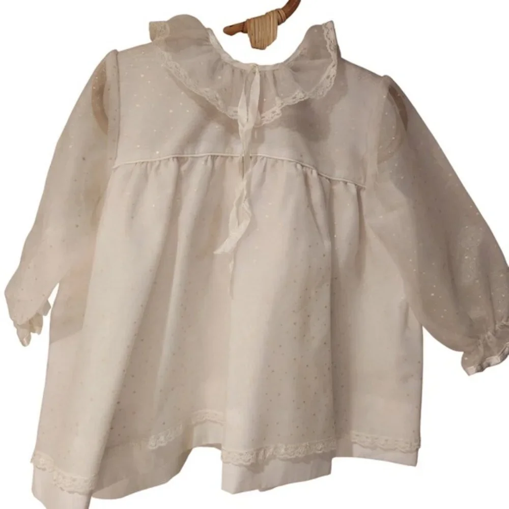 Baby Girl White Lace Trim Gown Gold Frill‎ Sparkle Polka Dot Valentines
